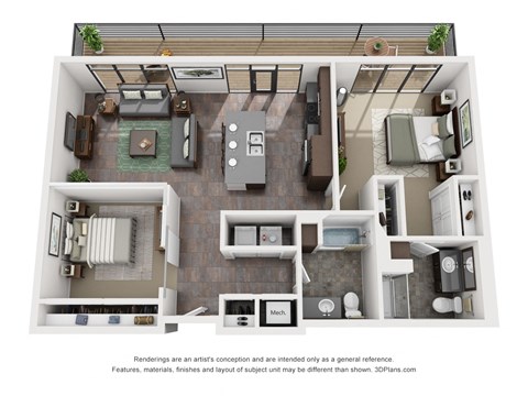 Floor plan for 2 beds, 2 baths, 1069 sqft